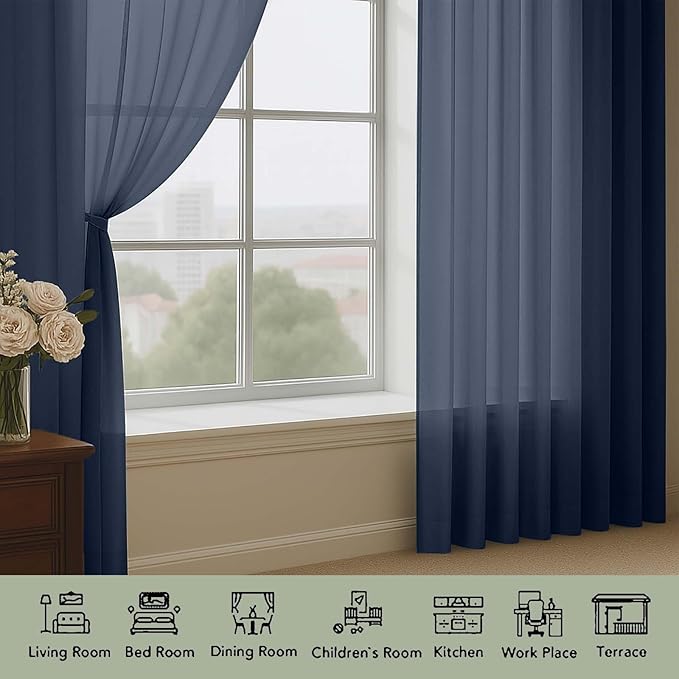 OWENIE Extra Long Navy Blue Sheer Curtains 96 Inches Long 2 Panels Set, Soft Lightweight Airy Voile Sheer Curtain for Bedroom Living Room, Rod Pocket Solid Color Farmhouse Curtains, 59" Wx96 L Inch