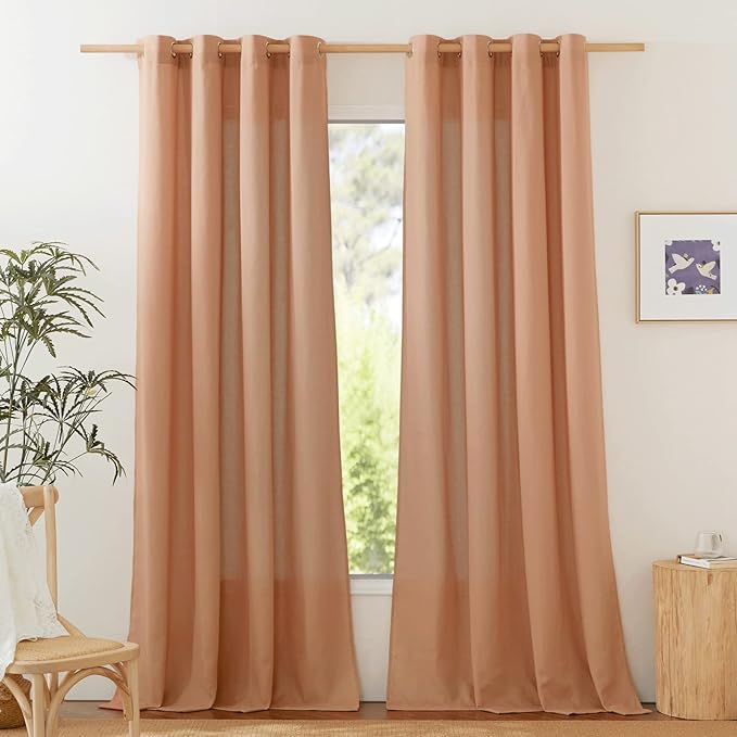 NICETOWN Linen Flax Semi Sheer Curtains 92" Length, Grommet Window Treatments Privacy Added with Light Penetration Vertical Drapes for Loft/Home Office, Burnt Orange, W55 x L92, 2 Panels