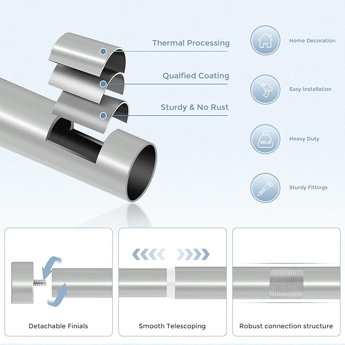 Silver Curtain Rods for Windows 36 to 240 Inch(3-20 Feet),1" Diameter Rods with Modern Style End Cap Finials,Size:36-240 Inch