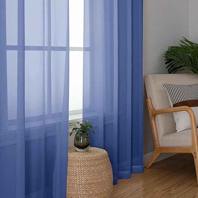 Aiyufeng Royal Blue Sheer Curtains 90 Inches Long 2 Panels Set, Semi Transparent Voile Rod Pocket Blue Sheer Window Drapes for Bedroom Bed Canopy Dining Wedding Party Backdrop, 42W x 90L inch