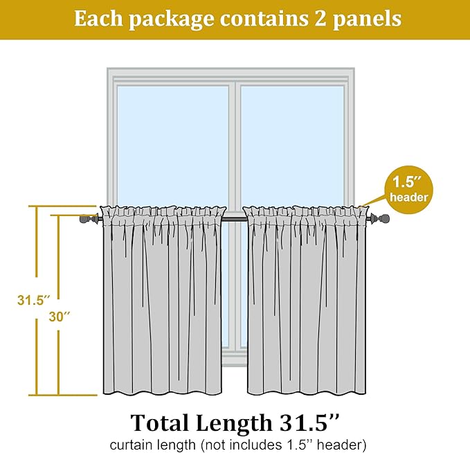 OWENIE Short Lemon Sheer Curtains 30 Inch Length 2 Panels Set, Kitchen Curtains Tiers Light Filtering Rod Pocket Cafe Curtain for Basement Bathroom Small Half Window, 42" W x 30" L, Lemon