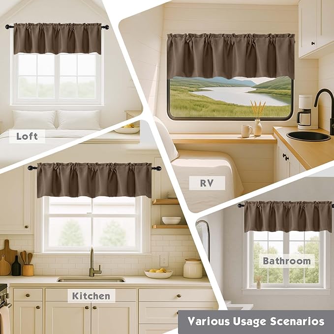 Chyhomenyc Brown Valances for Window, Room Darkening Short Curtains for Kitchen Bedroom Living Room, Rod Pocket Top Small Window Treatment Valance RV Bunk Panels, 40Wx14L, 2 Pieces