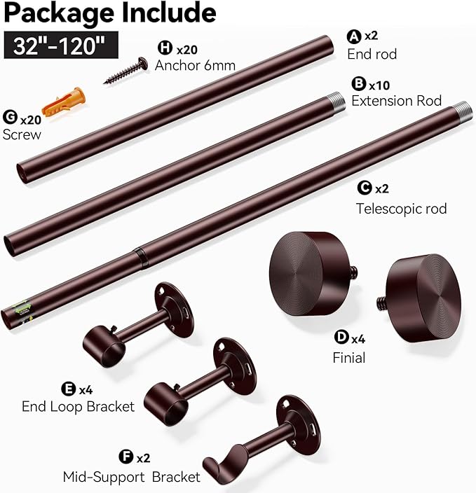 YaFex 2 Pack Heavy Duty Curtain Rods 32-120 Inch, 1 Inch Adjustable Long Curtain Rod for Windows, Bronze Window Treatment Rods Set with Aluminium Finials, Modern Design