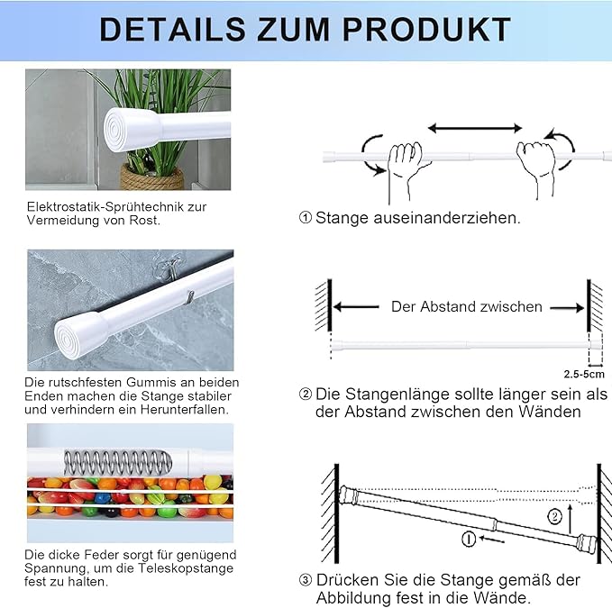 AIZESI Spring Tension Rods Adjustable Tension Curtain Rod Small Tension Rod No Drilling Expandable Spring Loaded Curtain Tension Rod（White,26" to 39"-4Pcs)