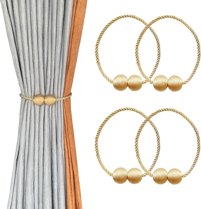 Melaluxe 4 Pack Magnetic Curtain Tiebacks, Decorative Curtain Holdbacks for Window Décor (Gold)