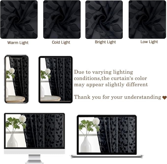 Chyhomenyc Black Short Curtains 45 Inch Length 2 Panels, Light Filtering Leaf Textured Window Curtain Panels for Bedroom Living Room, Elegant Rod Pocket Farmhouse Curtains, 30" Wx45 L, 2 PCS