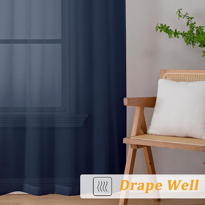 Gwine Navy Blue Sheer Curtains 30 Inch Length, Short Light Filtering Voile Small Cafe Kitchen Curtains with Rod Pocket, Short Curtain for Bathroom Window, 42x30 Inch, 2PCS