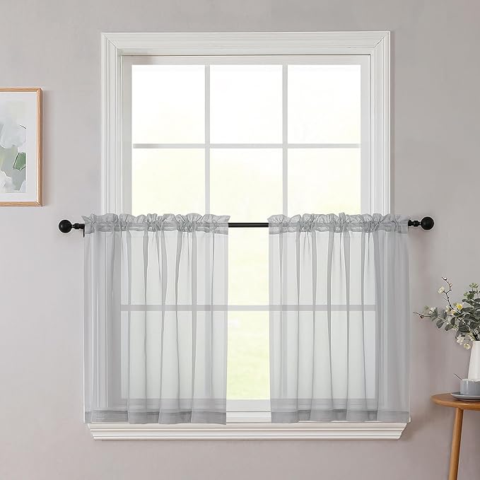 Kitchen Curtains 24 Inch Length Tier 2 Pieces, Light Grey Sheer Curtain Solid Soft Sheer Short Curtains for Windows, Cafe Bathroom Basement Rod Pocket Drapes, Light Grey, Each 42"Wx24"L Inch