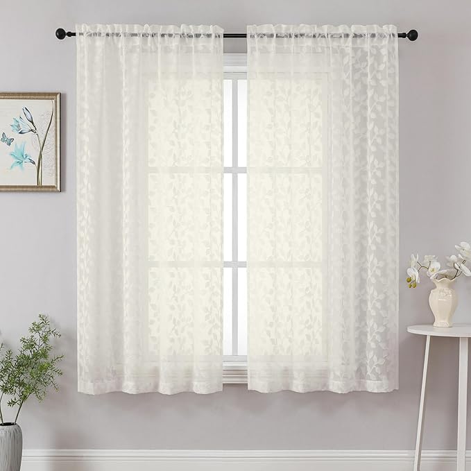 Chyhomenyc Ivory Sheer Curtains 63 Inch Length 2 Panels Set, Light Filtering Tufted Textured Soft Airy Rod Pocket Beautiful Leaf Window Treatment Drapes for Bedroom Living Room, 42" Wx63 L, 2PCS