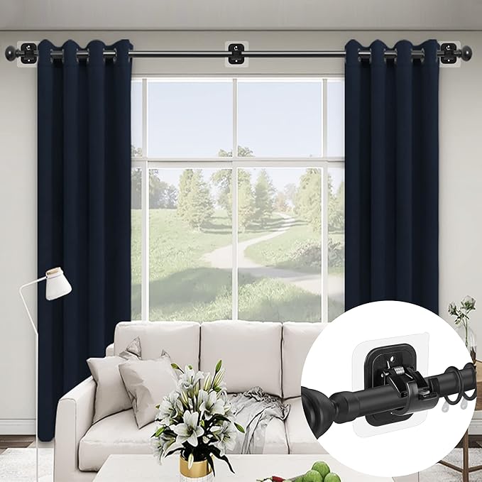 Codoule 10PCS Self Adhesive Curtain Rod Holders No Drill Curtain Rods Brackets No Drilling Nail Free Adjustable Curtain Rod Hooks Curtain Hangers for Bathroom Kitchen Home Bathroom Hotel(Black)