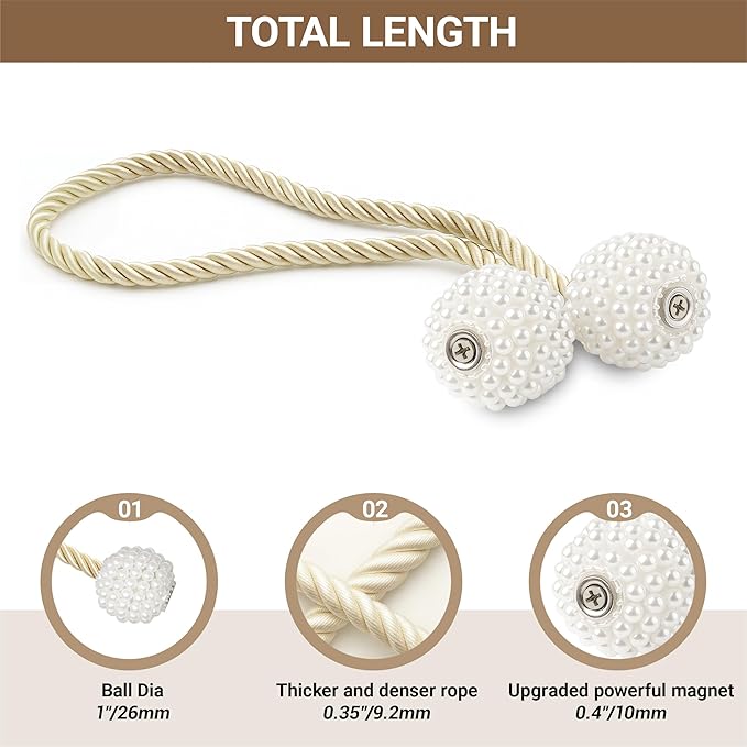 Hion Magnetic Curtain Tiebacks Beige 6 Pack, Curtain Tiebacks Buckles Holdbacks Holders Hooks Clip for Home Bedroom Office Decorative Thick or Thin Curtain