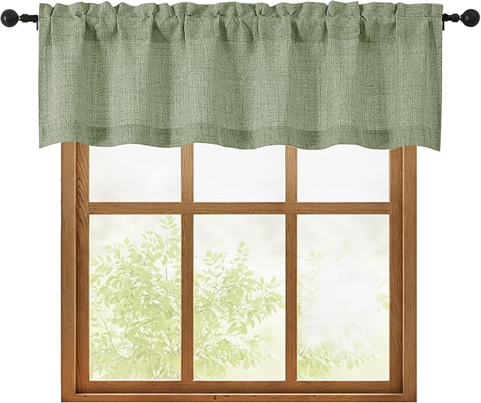 OWENIE Sage Green Valances for Windows 1 Pcs, Light Filtering Textured Farmhouse Short Small Valance Curtains for Bathroom Basement Living Room, Rod Pocket Half Curtains Over Sink, 60" W by 16" L