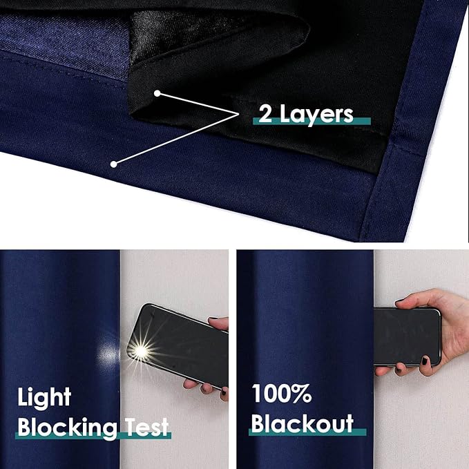 ChrisDowa 100% Blackout Curtains for Bedroom with Black Liner, 2 Thick Layers Total Blackout Thermal Insulated Grommet Long Window Curtains 2 Panels Set (Navy Blue, 52 x 95 Inch)