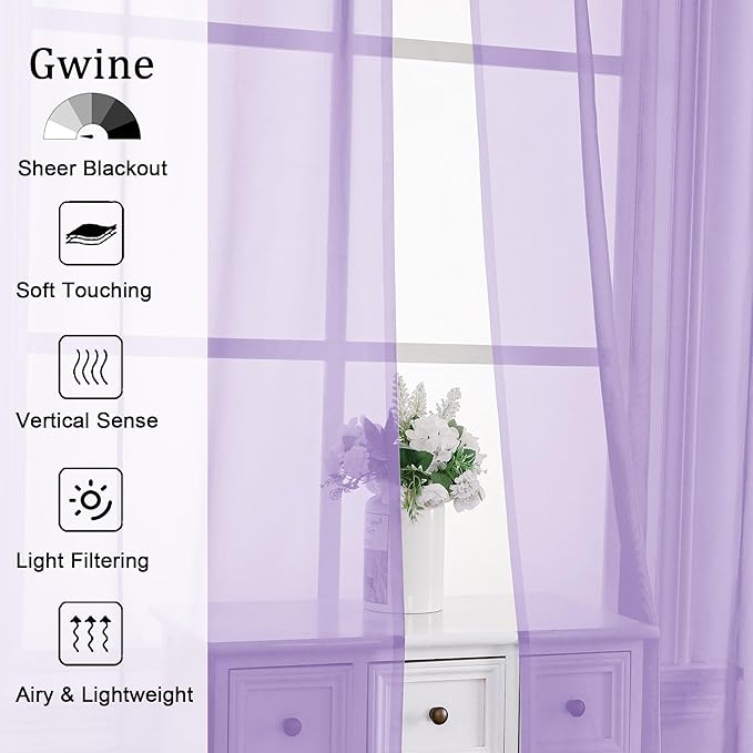 Gwine Lilac Sheer Curtains for Bedroom 54 inches Long 2 Panels, Light Filtering Voile Rod Pocket Curtains, Airy Transparent Sheer Drapes for Living Room, Each 42" Wx54 L