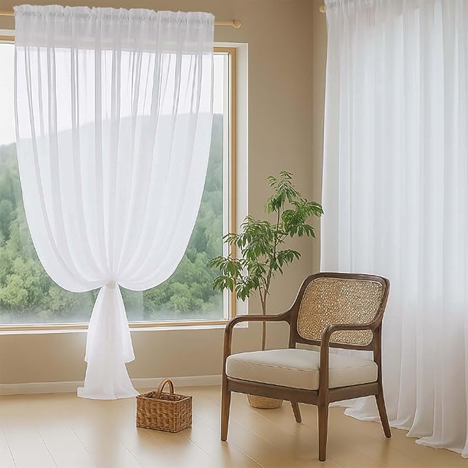 White Sheer Curtains 90 Inches Long 2 Panels, Light Filtering Solid Sheer Curtains for Bedroom Living Room, Lightweight Soft Airy Window Voile Sheer Drapes, Dual Rod Pocket, 2x42Wx90L Inches