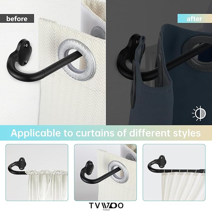 TVWOO Black Wrap Around Curtain Rods:5/8" Small Blackout Adjustable Window Curtain Rod for Bedroom Kitchen Apartment Renter Friendly,Room Darkening Curved Drapery Rods Easy Install,Matte Black 66-120"