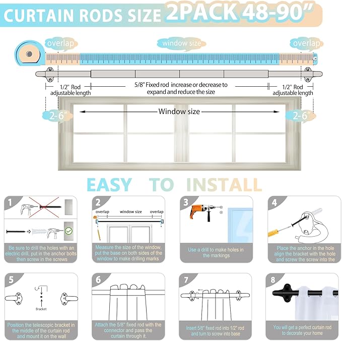 TVWOO 2 Pack Wrap Around Curtain Rods,Black Curtain Rods 48 to 84 Inch,5/8 Inch Adjustable Blackout Curtain Rod Set,Room Darkening Window Rod,Metal Thicken Hidden Curved Drapery Rod 48-90",Matte Black