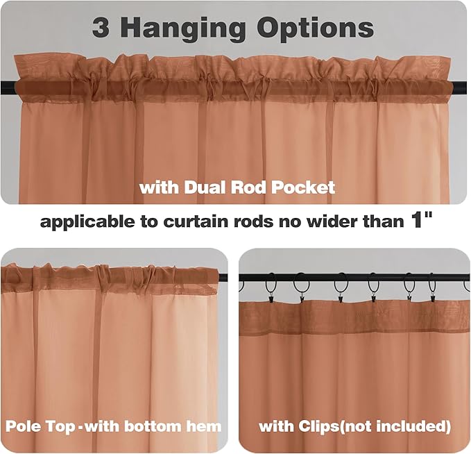 Chyhomenyc Sheer Orange Tier Curtains 24 Inch Length, Small Window Curtains Treatment for Bathroom Living Room Basement, Short Rod Pocket Cafe Curtain, 42W x 24L Inches, 2 Panels
