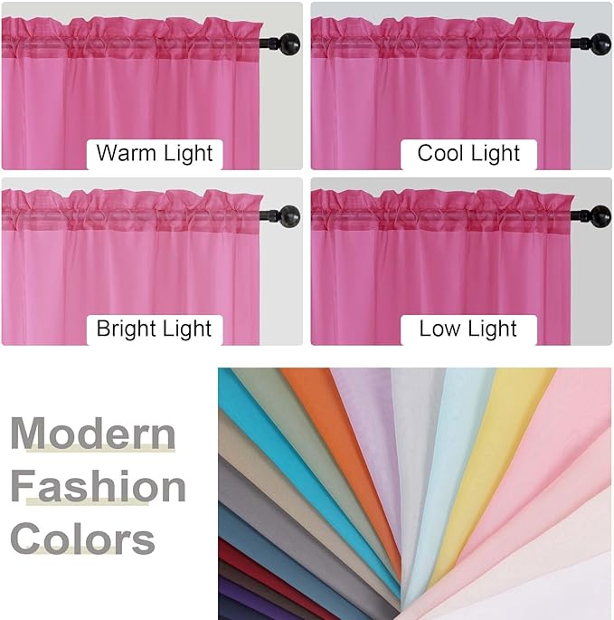 Cafe Curtains 36 Inch Length Tier 2 Pieces, Modern Soft Airy Sheer Kitchen Short Curtains for Small Window, Rod Pocket Small Curtain for Bathroom Basement, Hot Pink, Each, 42" Wx36 L Inches