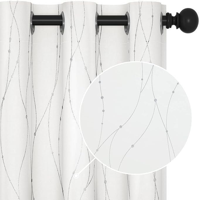 Deconovo White Curtains 95 Inches Long, Room Darkening Curtain, Thermal Insulated Soundproof Drapes, Wave Dots Silver Print, Grommet Top, Window Panels for Living Room Bedroom Sliding Door, Set of 2