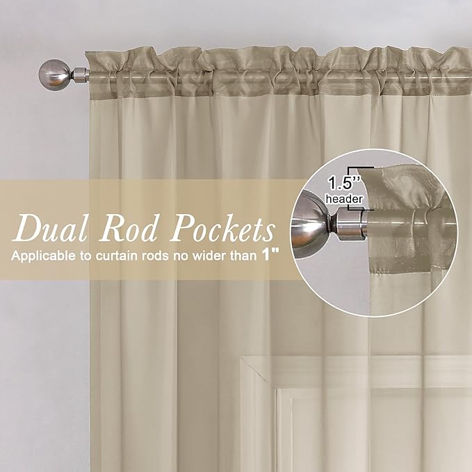 Lecloud Taupe Sheer Curtains 72 Inch Length 2 Panels, Light Filtering Soft Solid Voile Tan Sheer Curtain for Bedroom Living Room, Airy Gauzy Double Rod Pockets Window Drapes, Each 42Wx72L Inches