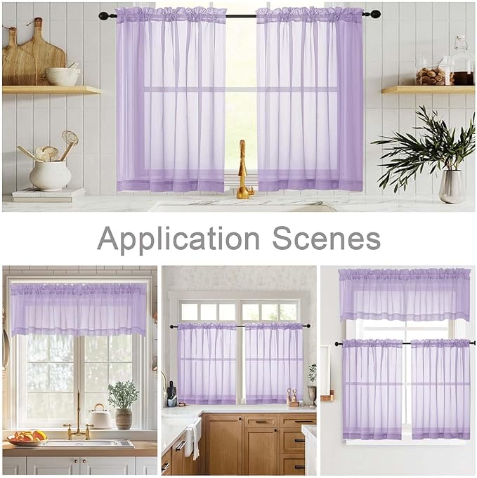 Cafe Curtains 36 Inch Length Tier 2 Pieces, Modern Soft Airy Sheer Kitchen Short Curtains for Small Window, Rod Pocket Small Curtain for Bathroom Basement, Lavender, Each, 42" Wx36 L Inches