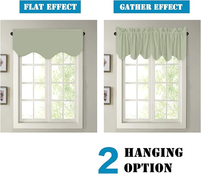 H.VERSAILTEX 4 Panels Blackout Curtain Valances for Kitchen Windows/Living Room/Bathroom Privacy Protection Rod Pocket Decoration Scalloped Window Valance Curtains, 52" W x 18" L, Light Sage