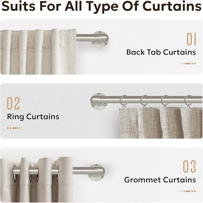 Zeerobee Curtain Rods for Windows 72 to 144, 1 Inch Industrial Wrap Around Brushed Nickel Curtain Rod, Indoor/Outdoor Room Divider Adjustable Drapery Pole, 72"-144"