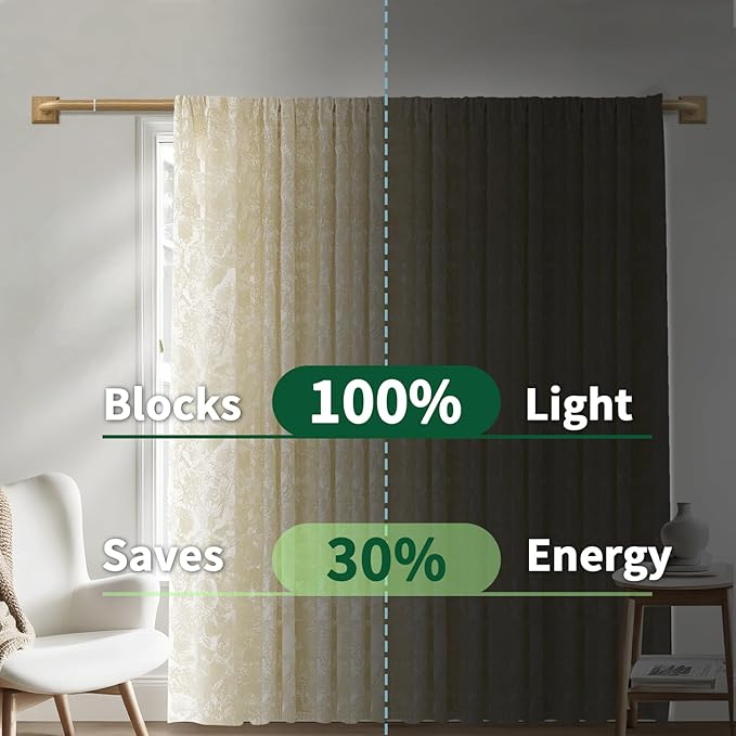 Boho Wood Grain Curtain Rods for Windows 66-184 Inch(5.5-15.3ft) Heavy Duty Wrap Around Blackout Curtain Rods, Adjustable Room Darkening Drapery Rod for Bedroom, Living Room & Outdoor, Stainless Steel