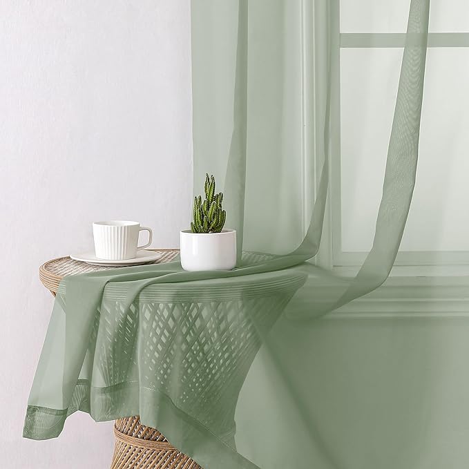 Lecloud Sage Green Sheer Curtains 90 Inches Long 2 Pcs, Modern Solid Voile Light Filtering Drapes, Airy Privacy Window Curtains with Rod Pocket for Dining Room/Bedroom/Living Room, Each 42" W x 90" L