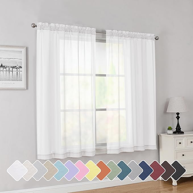 Simplebrand White Short Sheer Curtains 45 Inch Length for Small Windows, Rod Pocket 2 Panels Set Solid Voile Drapes Window Sheer Curtains for Bedroom Bathroom Kids Room Kitchen, 42x45 Inch, White