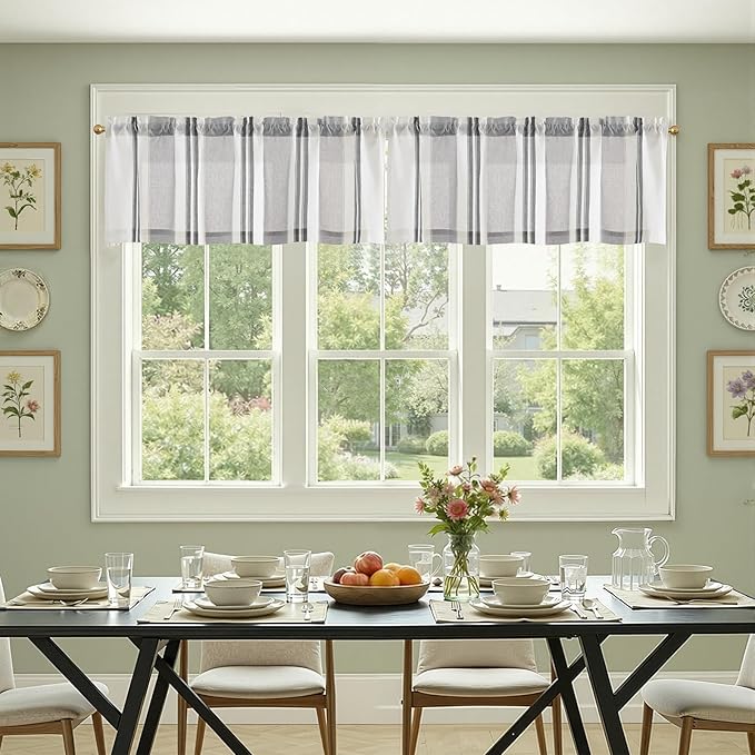 jinchan Striped Valance Farmhouse Window Treatment Linen Textured Drapes for Small Windows Kitchen Living Room RV Vintage Valance 16 Inch Rod Pocket 1 Panel Black and Grey