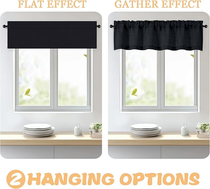 OWENIE Black Valances for Windows 1 Pcs 22 Inch Length, Light Filtering Textured Short Small Valance Curtains for Bathroom Basement Living Room Bedroom, Half Window Curtains Over Sink, 60" W by 22" L
