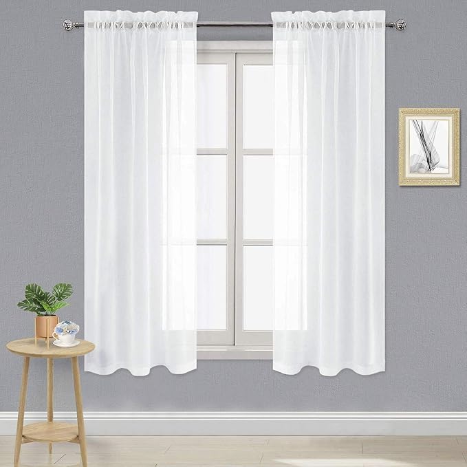 DWCN White Sheer Curtains 63 inch Length 2 Panels Set, Elegant Solid Color Kitchen Curtain for Small Window, Voile Top Dual Rod Pocket Curtains & Drapes for Living Room/Bedroom, 2pcs, Each W42 x L63