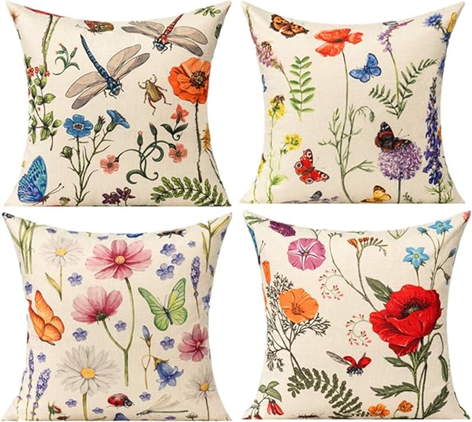 All Smiles Outdoor Patio Throw Pillow Covers 24x24 Set of 4 Summer Spring Garden Flowers Farmhouse Décor Outside Furniture Swing Seat Bench Chair Decorative Cushion Cases for Deep Seat Bed Couch Sofa