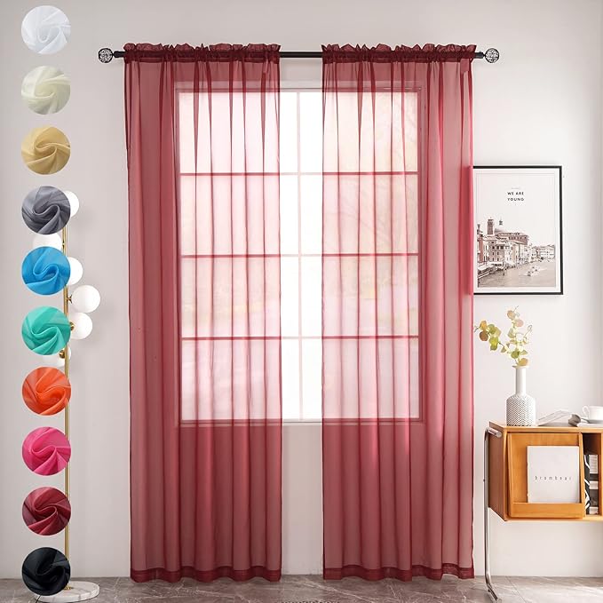 youleyar Solid Sheer Rod Pocket Curtain Voile Draperies 2 Panels White Beige Black Grey Coffee 52 Inch Width 45 Inch Long 1 Pair for Kitchen Bedroom Children Living Room Yard (Wine Red,52Wｘ45L)