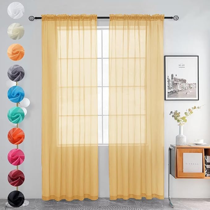 youleyar Solid Sheer Rod Pocket Curtain Voile Draperies 2 Panels White Beige Black Grey Ivory 52 Inch Width 108 Inch Long 1 Pair for Kitchen Bedroom Children Living Room Yard (Gold,52Wｘ108L)