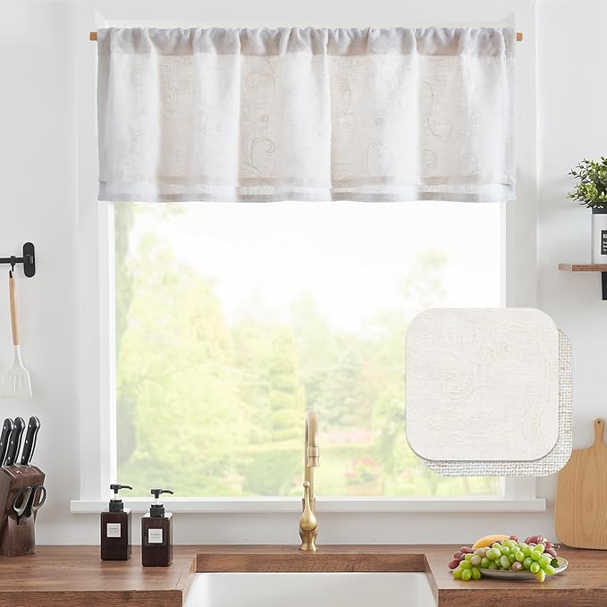jinchan Linen Valance for Window Embroidered Farmhouse Light Filtering Voile Valance for Living Room Kitchen Beige Cottage Rustic Double Layer Curtain 16 Inch 1 Panel Crude