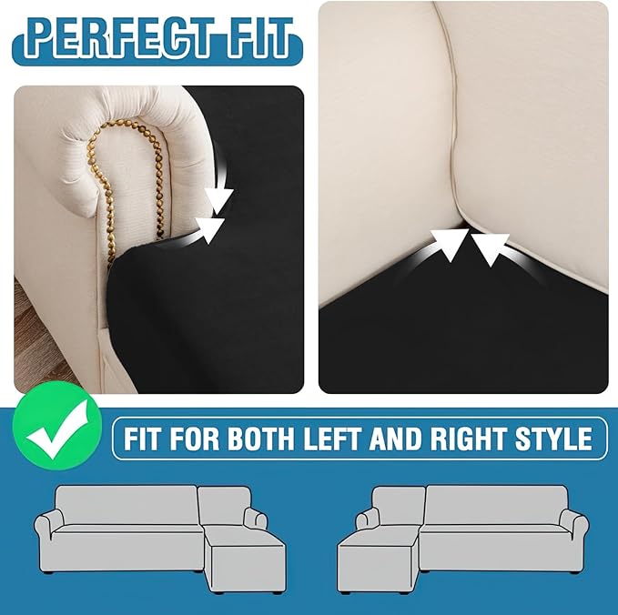 Couch Cover 8-Piece Elastic Velvet Couch Cushion Covers & Chaise Slipcovers for L-Shaped Sofas, Sofa Seat Covers Washable, Soft Cover for Couches (7 Seater + Chaise, Black)