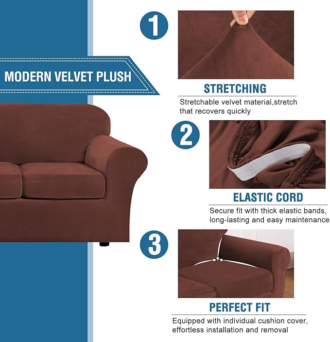 H.VERSAILTEX Real Velvet Plush 3 Piece Stretch Sofa Covers Couch Covers for 2 Cushion Couch Loveseat Covers Width Up to 72 Inch Feature Thick Soft Stay in Place (Medium Sofa, Burnt Brick)
