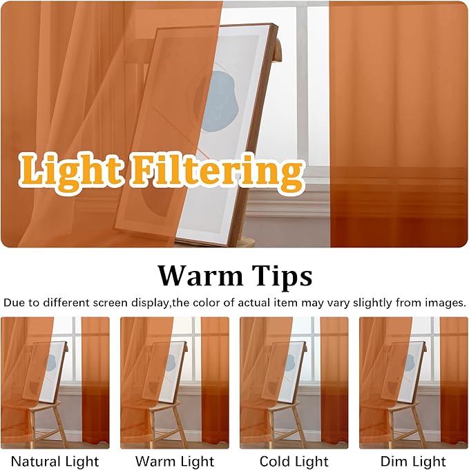 Gwine Burnt Orange Sheer Curtains 63 Inch Length for Living Room 2 Panels, Light Filtering Elegant Fall Window Curtain Treatment Drapes for Bedroom, Each 42 Wx63 L, Burnt Orange