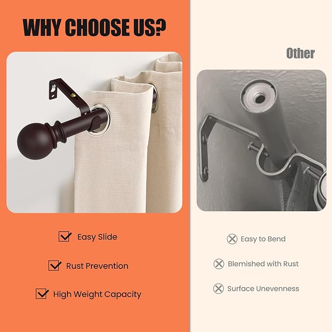 Curtain Rods for Windows 28 to 48 Inch, 5/8 Inch Heavy Duty Decorative Curtain Rod with Ball End Caps, Adjustable Brackets. Easy to install. Brown.
