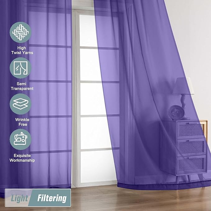 Purple Sheer Curtains 90 Inches Long 2 Panels, Light Filtering Solid Sheer Curtains for Bedroom Living Room, Lightweight Soft Airy Window Voile Sheer Drapes, Dual Rod Pocket, 2x42Wx90L Inches