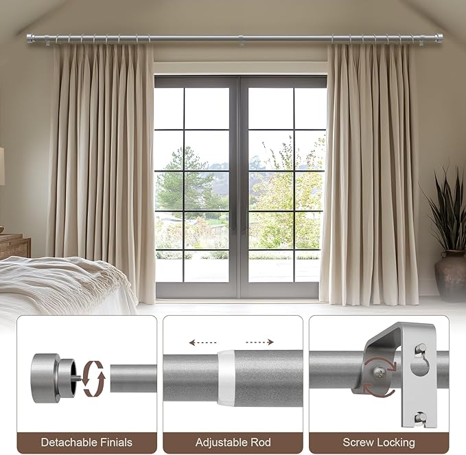 Lootkell Modern Silver Curtain Rods for Windows 48 to 84 Inches Adjustable Length Heavy Duty 1" Diameter Window Curtain Rod with Decorative Finials for Outdoor Bedroom Kitchen Living Room