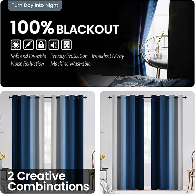 SimpleHome Blue Ombre 100% Blackout Curtains for Bedroom 72 Inches Long, Room Darkening Thermal Insulated Grommet Curtains for Living Room, 2 Panels, 52x72 inches Length