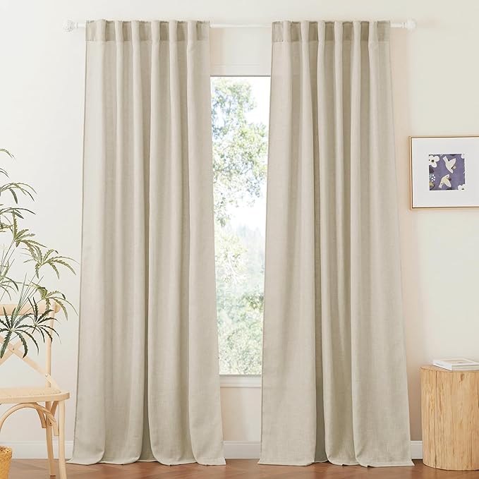 RYB HOME Linen Sheer Curtains for Bedroom Privacy Textured Sheer Window Curtains for Living Room Bathroom Dining, Beige, Wide 52 x Long 90, 2 Panels