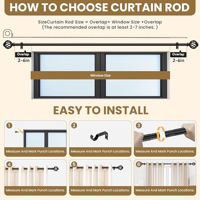 Luvenia Black Decorative Curtain Rod,Adjustable Curtain Rods For Windows 30 to 60 Inch(2.5-5Ft),Curtain Rod For Bedroom, Living Room,Kitchen,Farmhouse