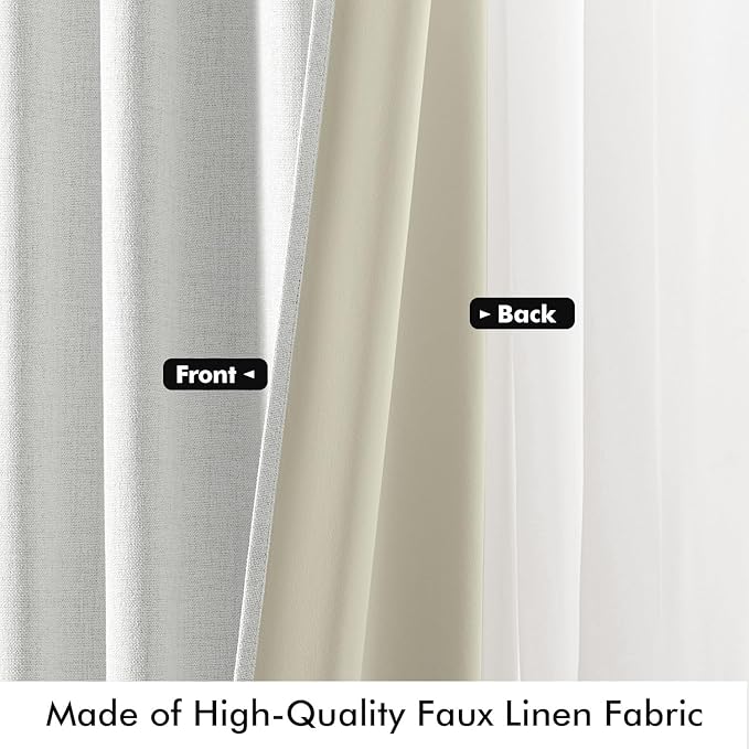 MIULEE 100% Blackout Linen Curtains for Bedroom, Heathered White Solid Luxury Decor Thermal Insulation Room Darkening Drapes for Living Room Nursery Back Tab Rod Pocket 42 x 90 Inches, 2 Panels