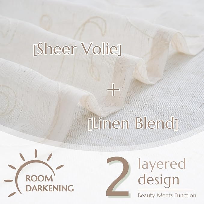 jinchan Linen Valance for Window Embroidered Farmhouse Light Filtering Voile Valance for Living Room Kitchen Beige Cottage Rustic Double Layer Curtain 16 Inch 1 Panel Crude