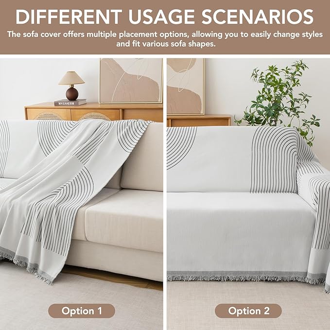 Couch Cover for Dogs, Boho Sofa Covers for 3 Cushion Couch, Chenille Sofa Slipcover for Pets Washable, L-Shape Sectional Couch Loveseat Cover Soft Throw Blankets with Tassels(91x134,Arc Grey)